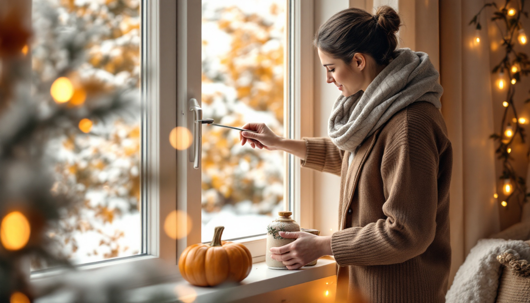 A woman in a brown sweater and gray scarf opens a window latch beside a pumpkin and jar